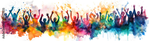 Silhouettes of people with hands up  colorful watercolor style