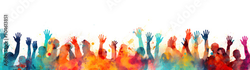 Silhouettes of people with hands up, colorful watercolor style
