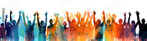 Silhouettes of people with hands up, colorful watercolor style photo