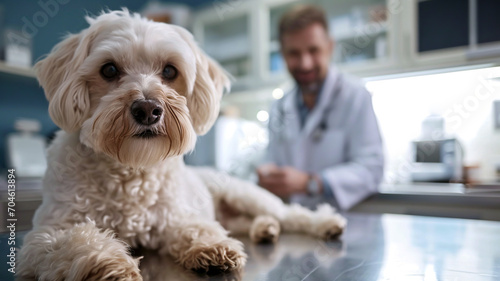 Maltese bichon dog lying on a table in a veterinary clinic. Poodle puppy and male vet doctor in a cabinet photo