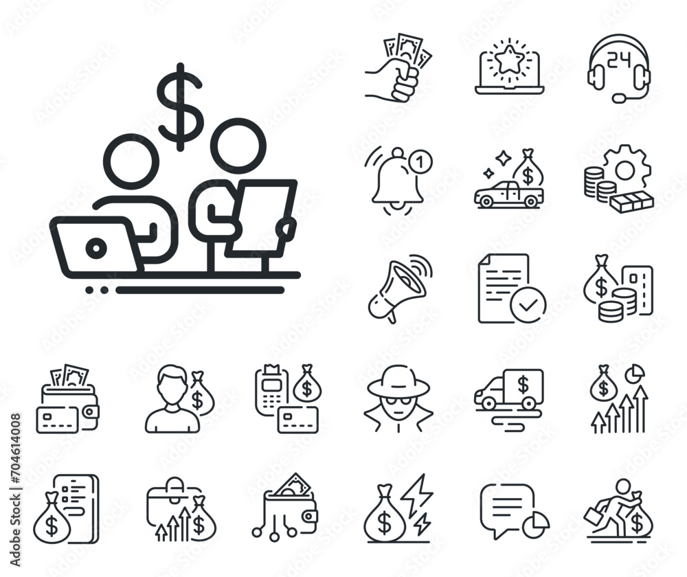 Money investment sign. Cash money, loan and mortgage outline icons. Budget accounting line icon. Stock shares traders symbol. Budget accounting line sign. Credit card, crypto wallet icon. Vector