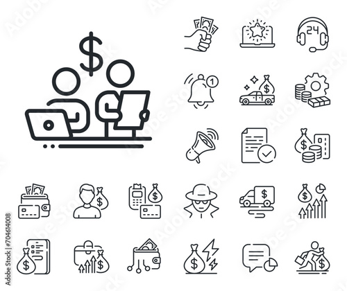 Money investment sign. Cash money, loan and mortgage outline icons. Budget accounting line icon. Stock shares traders symbol. Budget accounting line sign. Credit card, crypto wallet icon. Vector