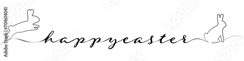 Happy Easter Calligraphy Text with playful rabbits or bunnies on either side in a single line drawing style