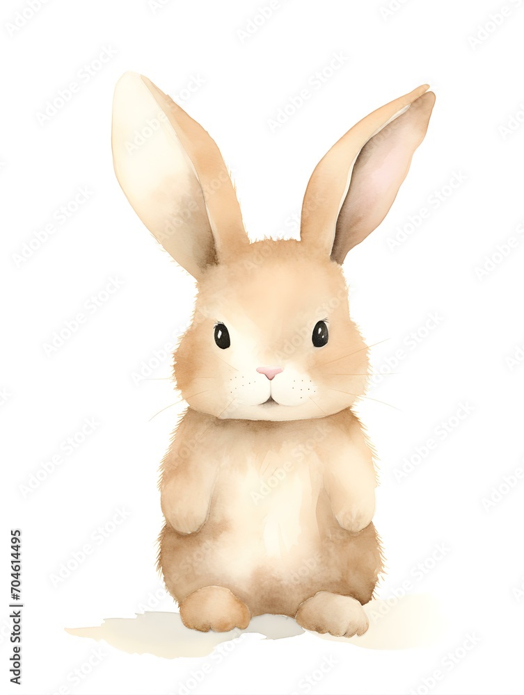 Watercolor Drawing of a light brown Bunny on a white Background. Easter Card Template with Copy Space