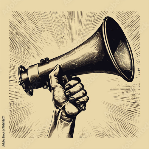 Vintage megaphone engraving. Retro bullhorn in hand, loudspeaker announcement advertisement concept, megaphon speaker sketch