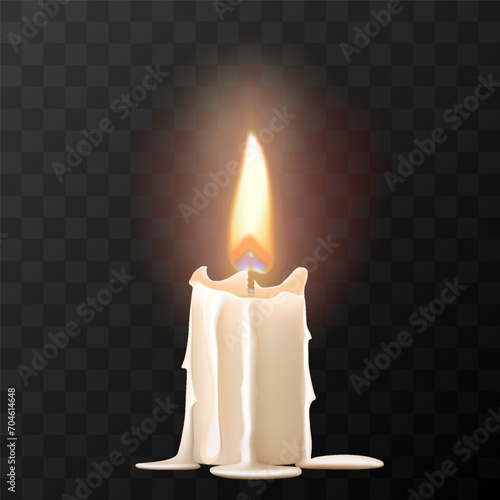 Wax burning candle isolated on transparent background, mock up. Realistic 3d vector illustration. Blank for a designer or postcard, slide for a presentation.