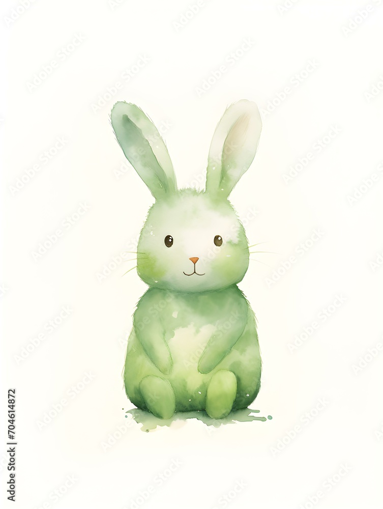 Obraz premium Watercolor Drawing of a light green Bunny on a white Background. Easter Card Template with Copy Space