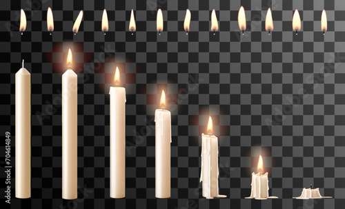 Set of realistic white burning candles and fire flames with wick different shapes isolated on transparent background. Realistic burning candles for animation. 3d vector illustration.
