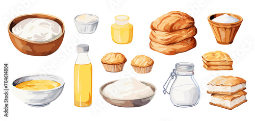 Baking ingredients watercolor style elements. Flour and sugar in bowls, oil and salt. Isolated bread and cupcakes, vector food illustration