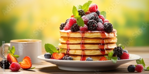 Flavorful summer pancakes and waffles with berries on a table.