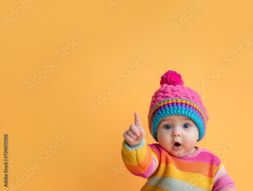 Colorful Surprise: Baby in Vibrant Knit Hat - Ideal for Children's Wear Advertisements and Parenting Blogs