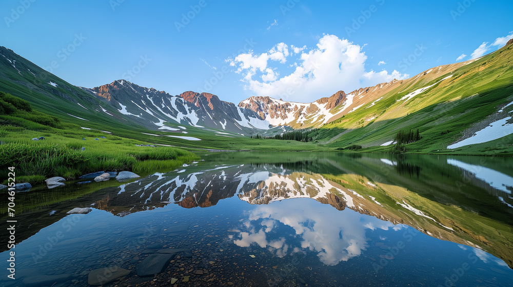 A mirror-like lake peacefully lies nestled between rolling green hills on one side and dramatic, rugged snow-dusted mountains on the other