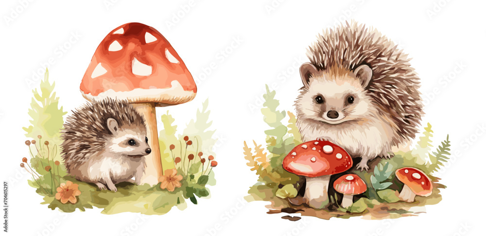 Cute watercolor hedgehog with red mushroom, childish illustration with cartoon funny animals. Hedgehogs in forest, vector characters