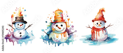 Colorful melted snowman. Watercolor snowmen in hats, spring characters. Good bye winter, abstract vector snowy elements