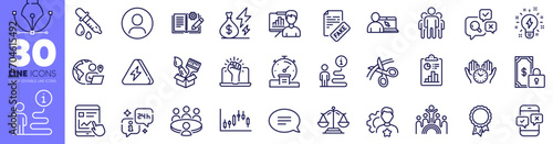 Candlestick graph, Private payment and Scissors line icons pack. Justice scales, Group, Empower web icon. Success, Chat, Meeting pictogram. Presentation board, Report, Support. Brand. Vector