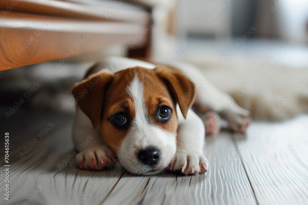 Cute jack russell terrier puppy lying on the floor near the bed at home, the dog is bored Cute jack russell terrier puppy lying on the floor near the bed at home, the dog is bored