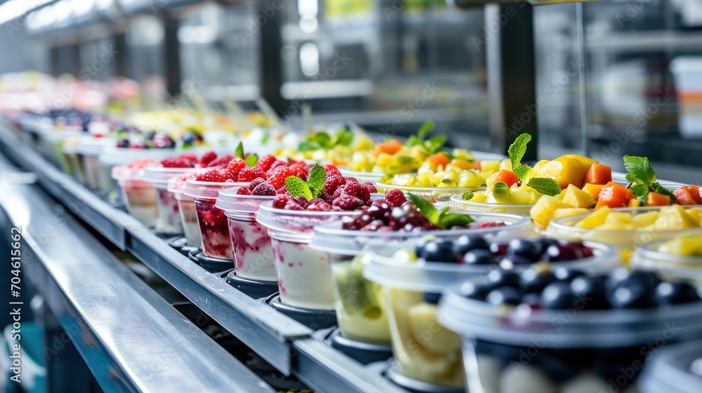 Fruit yogurts production in a factory using modern technology