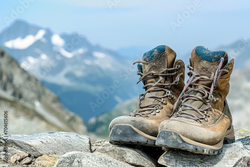 Old Worn hiking boots on a rocky mountain trail