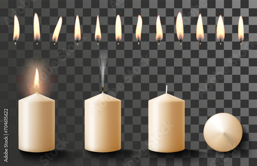 Set of realistic cylindrical scented candles and fire flames with wick isolated on transparent background. Realistic burning candles for animation. 3D vector illustration. Model