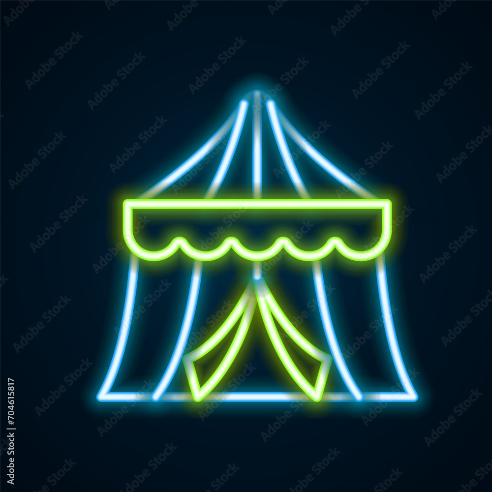 Glowing neon line Circus tent icon isolated on black background. Carnival camping tent. Amusement park. Colorful outline concept. Vector Glowing neon line Circus tent icon isolated on black background. Carnival camping tent. Amusement park. Colorful outline concept. Vector
