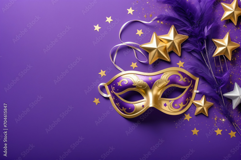 Carnival decoration concept made from mask and feathers on purple background
