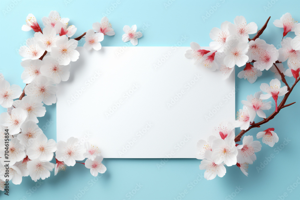 branches of a blooming white cherry tree surrounding a white sheet of paper with a place for text,on a light blue background,a spring banner,a design concept for spring marketing materials