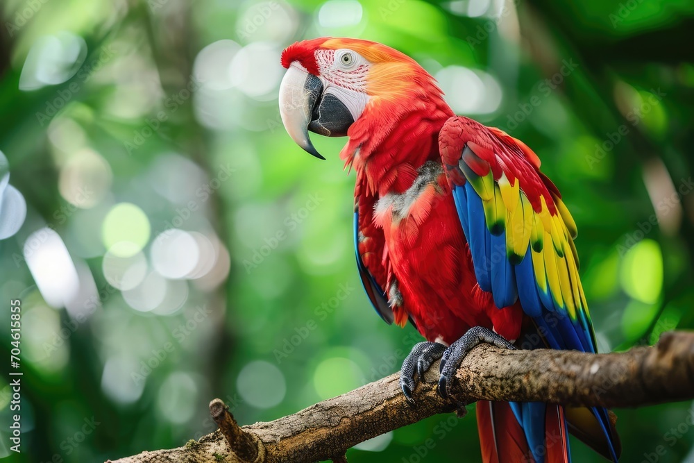 A colorful parrot perched on a branch in a tropical forest setting