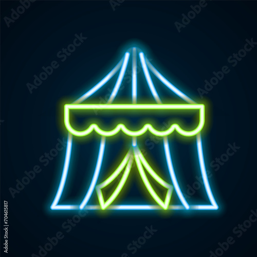 Glowing neon line Circus tent icon isolated on black background. Carnival camping tent. Amusement park. Colorful outline concept. Vector