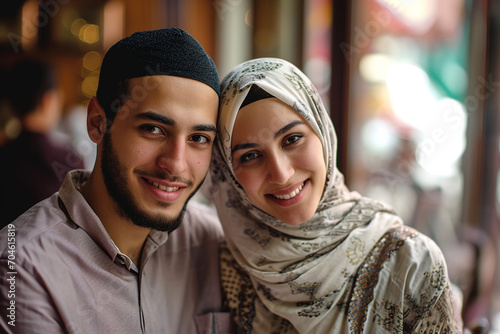 a smiling, happy young Muslim couple in love,in national clothes,a touching portrait showing joy and happiness,the concept of a happy relationship,mutual respect and support,