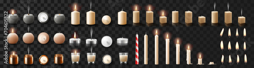 Set of scented wax candles of different sizes and shapes and colors isolated on transparent background. Candles in a candlesticks, burning, and fire flames with wick. Realistic 3d vector illustration