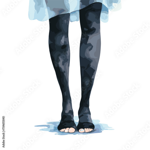 Girl stand in black tights and dress. Metaphor of poverty and refugees, homeless child. Female need support and care, teens has problems, vector concept
