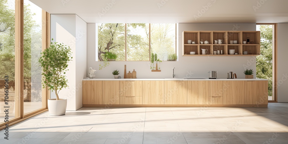 Contemporary wooden kitchen with nature view, white tile floors, big windows, and abundant sunlight from garden. - obrazy, fototapety, plakaty 