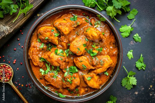 tasty and hot chicken tikka masala with coriander in a pot