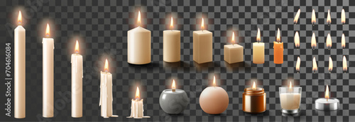 Set of scented wax candles of different sizes and shapes and colors isolated on transparent background. Candles in a candlesticks, burning, and fire flames with wick. Realistic 3d vector illustration photo
