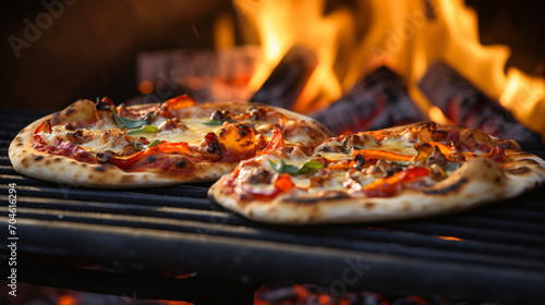 Pizza close up blurred background with flames