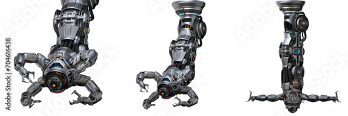 Robotic arm or advanced mechanical hand computing different movements. Industrial robot manipulator. Futuristic technology. Collage or set of three positions. 3d rendering isolated on transparent