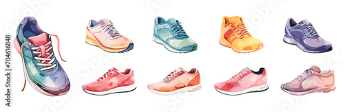 Sport shoes icons, watercolor sneakers different colors and style. Athletic shoe, isolated athletes equipment or accessories, vector set