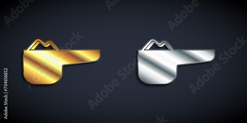 Gold and silver Sports nutrition bodybuilding proteine power drink and food icon isolated on black background. Long shadow style. Vector