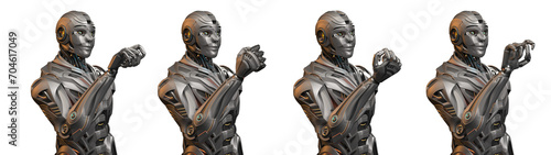 Very detailed futuristic robot man or humanoid cyborg looking at his arm. Set of four different poses. Upper body isolated on transparent background. 3d rendering