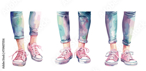 Young girl legs in skinny jeans and pink sneakers. Isolated female foots, person walking or do out. Stylish fashion watercolor vector elements