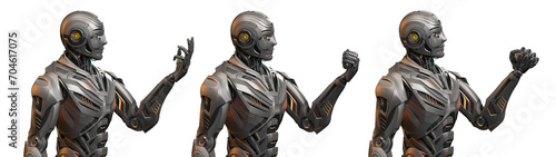 Very detailed futuristic robot man or humanoid cyborg looking at his arm. Set of four different poses. Upper body isolated on transparent background. 3d rendering