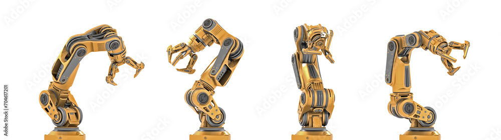 Robotic arm or yellow mechanical hand computing different movements. Industrial robot manipulator. Futuristic technology. Collage or set of four positions. 3d rendering isolated on transparent Robotic arm or yellow mechanical hand computing different movements. Industrial robot manipulator. Futuristic technology. Collage or set of four positions. 3d rendering isolated on transparent