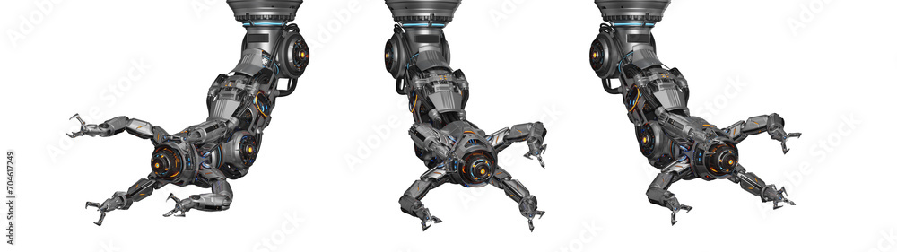 Robotic arm or advanced mechanical hand computing different movements. Industrial robot manipulator. Futuristic technology. Collage or set of three positions. 3d rendering isolated on transparent Robotic arm or advanced mechanical hand computing different movements. Industrial robot manipulator. Futuristic technology. Collage or set of three positions. 3d rendering isolated on transparent