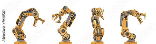 Robotic arm or yellow mechanical hand computing different movements. Industrial robot manipulator. Futuristic technology. Collage or set of four positions. 3d rendering isolated on transparent