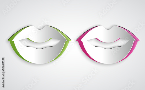 Paper cut Smiling lips icon isolated on grey background. Smile symbol. Paper art style. Vector