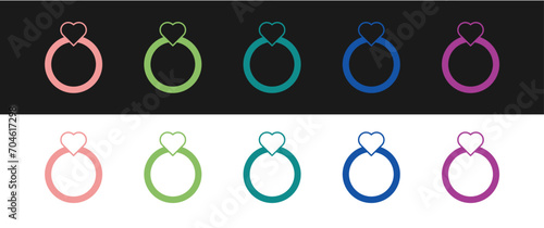 Set Diamond engagement ring icon isolated on black and white background. Vector