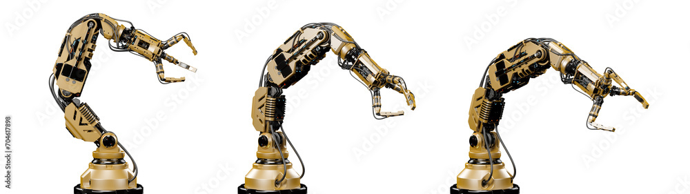 Robotic arm or yellow mechanical hand computing different movements. Industrial robot manipulator. Futuristic technology. Collage or set of three positions. 3d rendering isolated on transparent Robotic arm or yellow mechanical hand computing different movements. Industrial robot manipulator. Futuristic technology. Collage or set of three positions. 3d rendering isolated on transparent