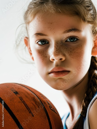 Close-up features a teenage girl basketball player against a white background, with a basketball, illustrating her passion and involvement in the sport. © Neuraldesign