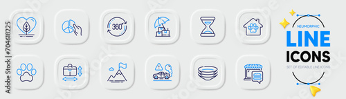 Dishes, Time and Delivery insurance line icons for web app. Pack of Local grown, Mountain flag, Food market pictogram icons. Handbag size, Dog paw, Exhaust signs. Full rotation. Vector