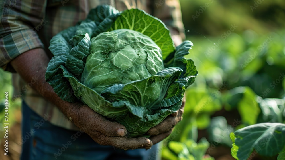 A man's hands present a large cabbage, symbolizing the beauty of eco-friendly gardening, organic produce, and the nourishment of fresh, homegrown vegetables. A man's hands present a large cabbage, symbolizing the beauty of eco-friendly gardening, organic produce, and the nourishment of fresh, homegrown vegetables.